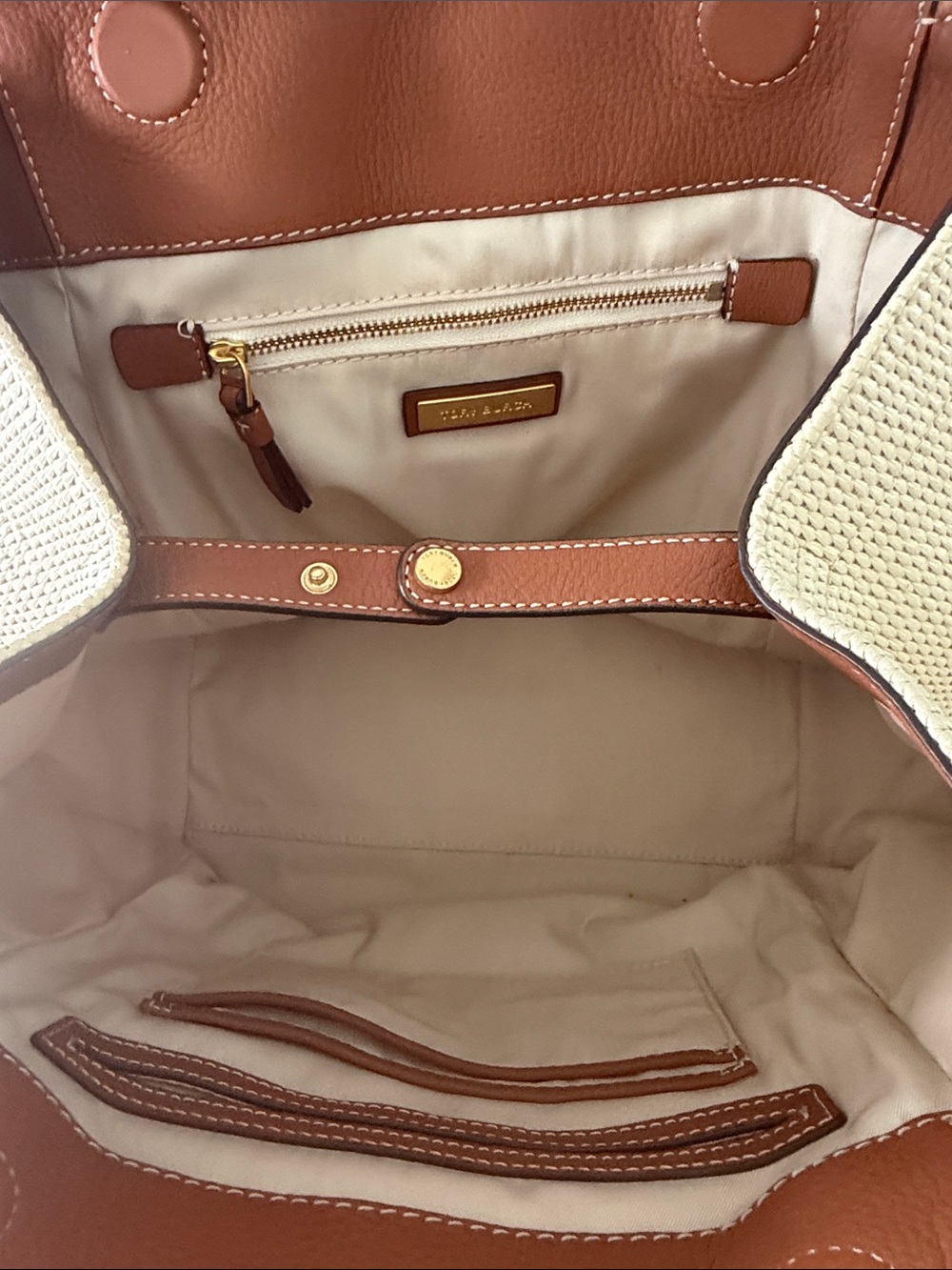 Tory Burch Cognac Leather and Cream Woven Shoulder Bag - Picture 7 of 11